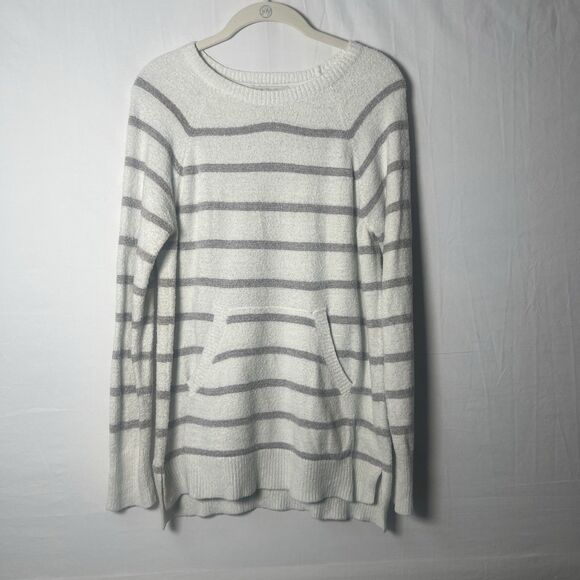 Barefoot Dreams CozyChic Lite Striped Raglan Pullover Size S White with Gray - Picture 1 of 10